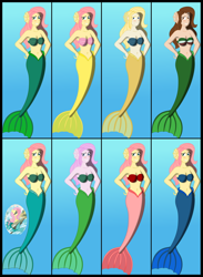 Size: 3500x4792 | Tagged: safe, artist:physicrodrigo, idw, fluttershy, mermaid, series:equestria mermaids, equestria girls, g4, absurd resolution, alternate versions, aryan, belly button, blonde hair, blue eyes, blushing, bra, brown eyes, brown hair, color theory, dreamworks face, ear fins, flag bikini, grin, hand on hip, human coloration, looking at you, mermaidized, mexican, mexico, pink hair, pink skin, pony coloring, raised eyebrow, recolor, reference, seashell bra, smiling, species swap, underwater