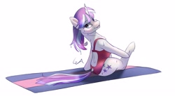 Size: 4000x2200 | Tagged: safe, artist:galinn-arts, twilight velvet, pony, unicorn, g4, clothes, female, gilf, leotard, looking at you, mare, milf, simple background, sitting, smiling, solo, sweat, white background, workout