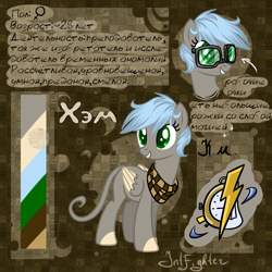 Size: 1500x1500 | Tagged: safe, artist:intfighter, oc, oc only, oc:ham, pegasus, pony, bust, colored hooves, cyrillic, duo, eyelashes, female, glasses, leonine tail, mare, neckerchief, pegasus oc, reference sheet, russian, smiling, text, wings