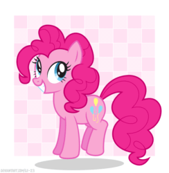 Size: 2006x2059 | Tagged: safe, artist:le-23, pinkie pie, earth pony, pony, animated, checkered background, cute, diapinkes, female, gif, grin, high res, jumping, looking away, smiling, solo