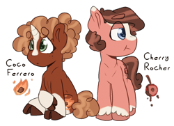 Size: 1082x782 | Tagged: safe, artist:romania-lanslide, oc, oc:cherry rocher, oc:coco ferroro, earth pony, pony, unicorn, brother and sister, cloven hooves, colt, female, filly, male, offspring, offspring's offspring, parent:oc:petit choux, parent:oc:red velvet, parents:oc x oc, siblings, simple background, transparent background, twins, unshorn fetlocks