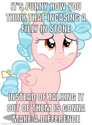Size: 887x1200 | Tagged: safe, cozy glow, pony, g4, the ending of the end, beating a dead horse, caption, cozy glow drama, cozy glow is best facemaker, drama, female, image macro, meme, op can't let go, sad, solo, text, truth