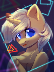 Size: 2048x2732 | Tagged: safe, artist:alphadesu, oc, oc only, oc:sunlight bolt, pony, unicorn, abstract background, bust, cyberpunk, ear fluff, high res, looking at you, male, portrait, solo, stallion