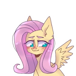 Size: 720x720 | Tagged: safe, alternate version, artist:rysya_ve, fluttershy, pegasus, pony, g4, blushing, bust, female, looking down, mare, simple background, solo, white background