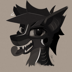 Size: 5000x5000 | Tagged: safe, artist:pedalspony, oc, oc:chum, original species, shark, shark pony, black and white, bust, drool, gills, grayscale, hook, looking at you, markings, monochrome, painting, piercing, portrait, teeth, tongue out