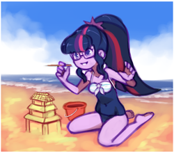 Size: 2330x2050 | Tagged: safe, artist:drantyno, sci-twi, twilight sparkle, human, equestria girls, g4, adorkable, barefoot, beach, bucket, clothes, cute, dork, egghead, feet, female, glasses, high res, meganekko, one-piece swimsuit, pencil, sand, sand sculpture, sandcastle, sitting, solo, swimsuit, twiabetes
