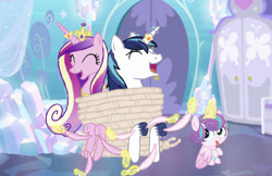 Size: 590x382 | Tagged: safe, artist:fantasia-bases, artist:princessdestiny200i, princess cadance, princess flurry heart, shining armor, alicorn, pony, unicorn, g4, baby, bondage, crown, crystal empire, diaper, eyes closed, family, father and child, father and daughter, feather, female, filly, glowing horn, hoof tickling, horn, horn ring, jewelry, laughing, levitation, magic, magic suppression, male, mare, mother and child, mother and daughter, open mouth, regalia, ring, rope, rope bondage, ship:shiningcadance, shipping, stallion, story included, straight, telekinesis, tickle torture, tickling, tied up, tongue out, underhoof, unshorn fetlocks