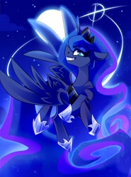 Size: 2512x3400 | Tagged: safe, artist:nekosnicker, princess luna, alicorn, pony, g4, chest fluff, cute, female, flying, full moon, grin, high res, lunabetes, mare, moon, night, profile, sky, smiling, solo