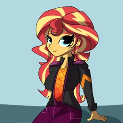 Size: 2700x2700 | Tagged: safe, artist:tjpones, sunset shimmer, equestria girls, g4, blue background, blue eyes, breasts, busty sunset shimmer, clothes, cute, eyelashes, female, high res, jacket, looking at you, pants, reclining, shimmerbetes, shirt, simple background, solo