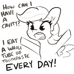 Size: 2250x2250 | Tagged: safe, artist:tjpones, rainbow dash, pegasus, pony, g4, female, high res, lineart, mare, monochrome, open mouth, rainbow dumb, simple background, solo, spread hooves, too dumb to live, white background