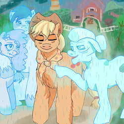 Size: 2000x2000 | Tagged: safe, artist:ponkersetfan01, applejack, bright mac, granny smith, pear butter, earth pony, ghost, pony, undead, g4, the last problem, bright mac's ghost, dead, female, high res, mare, older, older applejack, pear butter's ghost, rain, sad, sweet apple acres