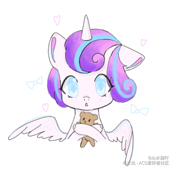 Size: 1504x1471 | Tagged: dead source, safe, artist:沁水甜吖, princess flurry heart, alicorn, pony, g4, cute, female, floppy ears, flurrybetes, looking at you, simple background, solo, teddy bear