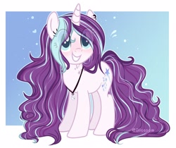 Size: 2048x1724 | Tagged: safe, artist:shinningblossom12, oc, oc only, pony, unicorn, base used, blushing, ear piercing, earring, eye clipping through hair, eyelashes, female, horn, jewelry, mare, necklace, piercing, smiling, solo, unicorn oc