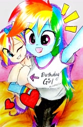 Size: 2024x3082 | Tagged: safe, artist:liaaqila, rainbow dash, oc, oc:qilala, pegasus, pony, equestria girls, g4, birthday, cute, dashabetes, duo, duo female, female, heart, high res, mare, traditional art