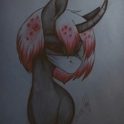Size: 1080x1080 | Tagged: safe, artist:_quantumness_, oc, oc only, pony, unicorn, bust, curved horn, face mask, horn, signature, solo, traditional art, unicorn oc