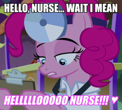 Size: 748x675 | Tagged: safe, screencap, pinkie pie, earth pony, pony, g4, the summer sun setback, caption, clothes, doctor, female, hello nurse, image macro, mare, solo, text
