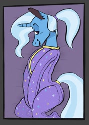 Size: 661x929 | Tagged: safe, artist:rx5600ls, trixie, unicorn, anthro, g4, abdl, clothes, crotch grab, diaper, diaper fetish, female, fetish, footed sleeper, footie pajamas, non-baby in diaper, onesie, pajamas, ponytail, solo