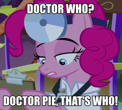 Size: 748x675 | Tagged: safe, screencap, pinkie pie, earth pony, pony, g4, the summer sun setback, caption, clothes, doctor, female, image macro, mare, solo, text