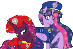 Size: 1440x960 | Tagged: safe, artist:徐詩珮, fizzlepop berrytwist, tempest shadow, twilight sparkle, alicorn, pony, bubbleverse, series:sprglitemplight diary, series:sprglitemplight life jacket days, series:springshadowdrops diary, series:springshadowdrops life jacket days, g4, alicornified, alternate universe, base used, chase (paw patrol), clothes, cute, duo, female, lesbian, marshall (paw patrol), older, older tempest shadow, older twilight, older twilight sparkle (alicorn), paw patrol, princess twilight 2.0, race swap, ship:tempestlight, shipping, simple background, tempesticorn, transparent background, twilight sparkle (alicorn)