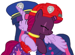 Size: 1347x1001 | Tagged: safe, artist:徐詩珮, fizzlepop berrytwist, tempest shadow, twilight sparkle, alicorn, pony, unicorn, series:sprglitemplight diary, series:sprglitemplight life jacket days, series:springshadowdrops diary, series:springshadowdrops life jacket days, g4, alternate universe, base used, broken horn, chase (paw patrol), cute, female, horn, lesbian, marshall (paw patrol), paw patrol, ship:tempestlight, shipping, simple background, tempestbetes, transparent background, twiabetes, twilight sparkle (alicorn)