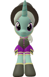 Size: 462x720 | Tagged: safe, alternate version, artist:topsangtheman, cornetta, pony, unicorn, g4, 3d, clothes, female, hat, looking at you, looking down, looking down at you, simple background, solo, source filmmaker, transparent background, uniform