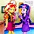 Size: 886x902 | Tagged: safe, artist:liaaqila, sunset shimmer, twilight sparkle, equestria girls, g4, business suit, clothes, cute, duo, female, hypnosis, hypnotherapy, hypnotized, multicolored hair, office, open mouth, pocket watch, psychologist, skirt, sleepy, speech bubble, swirly eyes, traditional art, trance