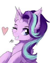 Size: 960x1200 | Tagged: safe, artist:lunar froxy, starlight glimmer, pony, unicorn, g4, bust, cheek fluff, chest fluff, cute, ear fluff, female, fluffy, glimmerbetes, heart, leg fluff, mare, one eye closed, redraw, simple background, smiling, solo, white background, wink