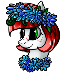 Size: 1500x1800 | Tagged: safe, artist:intfighter, oc, oc only, earth pony, pony, bust, earth pony oc, floral head wreath, flower, freckles, simple background, smiling, solo, transparent background