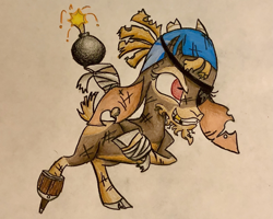 Size: 2357x1886 | Tagged: safe, artist:calebk64, shanty (tfh), goat, them's fightin' herds, amputee, cloven hooves, colored pencil drawing, community related, eyepatch, female, grenade, hoof hold, injured, missing teeth, peg leg, prosthetic leg, prosthetic limb, prosthetics, simple background, solo, traditional art, white background