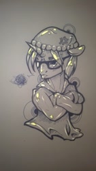 Size: 540x960 | Tagged: safe, artist:kiwwsplash, oc, oc only, pony, unicorn, :p, bust, crossed arms, glasses, hat, horn, lineart, solo, tongue out, traditional art, unicorn oc