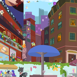 Size: 1000x1000 | Tagged: safe, artist:cables, oc, changeling, earth pony, pegasus, pony, unicorn, billboard, changeling oc, city, cityscape, earth pony oc, horn, lineless, pegasus oc, restaurant, scenery, scenery porn, unicorn oc, wings