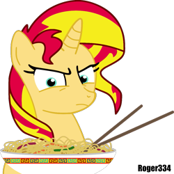 Size: 1053x1055 | Tagged: safe, artist:roger334, sunset shimmer, pony, unicorn, g4, angry, bowl, chinese food, chopsticks, female, food, glare, looking at you, noodles, simple background, solo, transparent background, vector