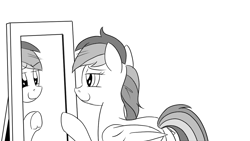 Size: 1200x675 | Tagged: safe, artist:pony-berserker, part of a set, rainbow dash, pegasus, pony, pony-berserker's twitter sketches, g4, bait and switch, halftone, mirror, monochrome, narcissism, reflection, smiling, underhoof
