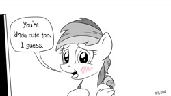 Size: 1200x675 | Tagged: safe, artist:pony-berserker, part of a set, rainbow dash, pegasus, pony, pony-berserker's twitter sketches, g4, blushing, halftone, index get, monochrome, palindrome get, partial color, speech bubble, talking to viewer
