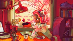 Size: 2048x1161 | Tagged: safe, artist:dearmary, oc, oc only, oc:ginger, cat, earth pony, pony, book, bookshelf, chair, commission, computer, cookie, food, headphones, lamp, laptop computer, lofi, lofi hip hop radio - beats to relax/study to, meme, mouth hold, pencil in mouth, plant pot, ponified, scenery, scissors, sitting, solo, teddy bear