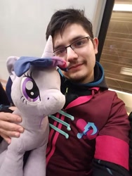 Size: 712x949 | Tagged: safe, twilight sparkle, human, pony, g4, clothes, cosplay, costume, glasses, implied sonata dusk, irl, irl human, male, photo, plushie