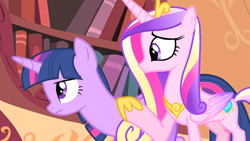 Size: 1920x1080 | Tagged: safe, screencap, princess cadance, twilight sparkle, alicorn, pony, g4, three's a crowd, duo, duo female, female, golden oaks library, hoof shoes, mare, sisters-in-law, twilight sparkle (alicorn)