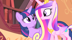 Size: 1920x1080 | Tagged: safe, screencap, princess cadance, twilight sparkle, alicorn, pony, g4, three's a crowd, duo, duo female, female, golden oaks library, mare, sisters-in-law, twilight sparkle (alicorn)
