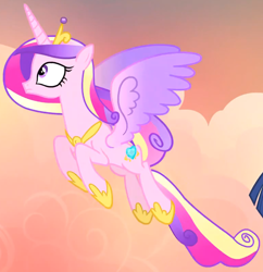 Size: 1206x1245 | Tagged: safe, screencap, princess cadance, alicorn, pony, g4, three's a crowd, colored wings, cropped, crown, female, flying, gradient wings, hoof shoes, jewelry, mare, multicolored wings, regalia, solo, spread wings, wings