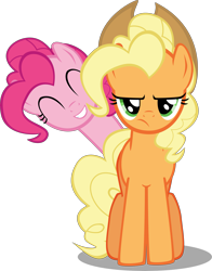 Size: 6209x7930 | Tagged: safe, artist:ace play, applejack, pinkie pie, earth pony, pony, g4, ^^, absurd resolution, alternate hairstyle, applejack is not amused, applejack's hat, cowboy hat, cute, eyes closed, female, grin, hat, mare, pinkie pie's mane, simple background, smiling, squee, transparent background, unamused, vector