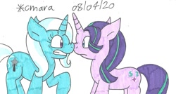 Size: 1268x678 | Tagged: safe, artist:cmara, starlight glimmer, trixie, pony, unicorn, g4, boop, female, gritted teeth, looking at each other, looking at someone, mare, nose to nose, noseboop, panicking, raised hoof, simple background, traditional art, white background