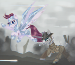 Size: 2600x2250 | Tagged: safe, artist:plinckyctt, earth pony, pegasus, pony, armor, battlefield, blood, duo, female, guardsmare, high res, mare, military uniform, royal guard, world war i