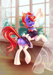 Size: 927x1300 | Tagged: safe, artist:limreiart, oc, oc only, oc:fer, pony, unicorn, blushing, butt, clothes, maid, outfit, plot, solo, window