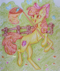 Size: 2399x2833 | Tagged: safe, artist:lovely-pony, apple bloom, butterfly, pony, g4, female, high res, solo, traditional art