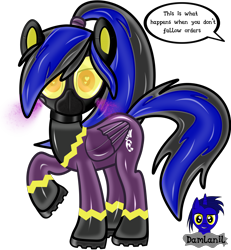 Size: 3840x4154 | Tagged: safe, artist:damlanil, oc, oc only, oc:labys, pegasus, pony, boots, clothes, collar, comic, commission, costume, female, gas mask, heart, heart eyes, high res, implied nightmare moon, latex, looking at you, mare, mask, misspelling, raised hoof, rubber, rubber drone, shadowbolt drone, shadowbolts, shadowbolts (nightmare moon's minions), shadowbolts costume, shiny, shiny mane, shoes, show accurate, simple background, solo, transformation, transparent background, vector, wingding eyes, wings