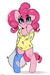 Size: 2000x3000 | Tagged: safe, artist:skitsroom, pinkie pie, earth pony, semi-anthro, g4, alternate hairstyle, arm hooves, bipedal, blushing, cheek fluff, clothes, cute, diapinkes, female, high res, looking at you, one ear down, pajamas, pillow, simple background, sock, solo, white background