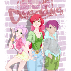 Size: 2539x2539 | Tagged: safe, artist:chombeau, apple bloom, scootaloo, sweetie belle, human, g4, cutie mark crusaders, female, graffiti, high res, humanized, pose, trio, trio female