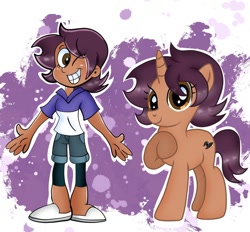 Size: 1024x952 | Tagged: safe, artist:doraeartdreams-aspy, human, pony, unicorn, clothes, ear piercing, earring, hoodie, jewelry, leggings, luz noceda (the owl house), piercing, ponified, self paradox, self ponidox, shoes, shorts, the owl house