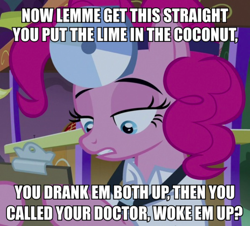 Size: 748x675 | Tagged: safe, screencap, pinkie pie, pony, g4, the summer sun setback, alan wake, caption, clothes, doctor, female, harry nilsson, image macro, mare, meme, solo, song reference, text