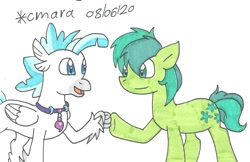 Size: 1262x816 | Tagged: safe, artist:cmara, sandbar, terramar, earth pony, hippogriff, pony, g4, brofist, duo, duo male, fist bump, male, open mouth, raised hoof, simple background, traditional art, white background